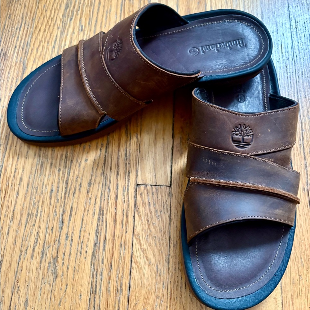 Timberland Men's Dark Brown Leather Slide Sandals
